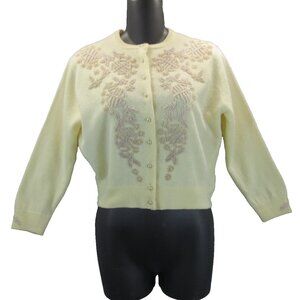 1970s Lai Wah Hong Kong Hand Beaded Cardigan Sweater Lambswool Embellished Sz 38